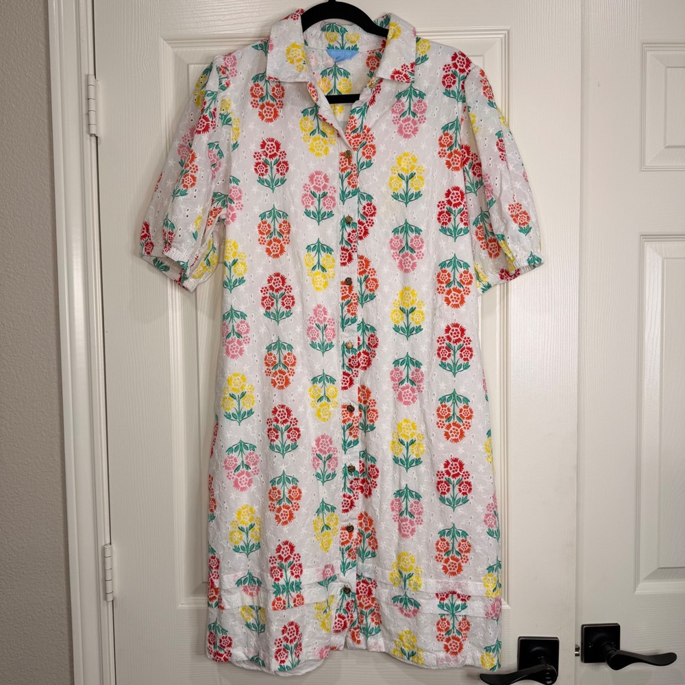 #B DRAPER JAMES RSVP Shirt Dress XL White Floral Eyelet Puff Sleeve Button Front